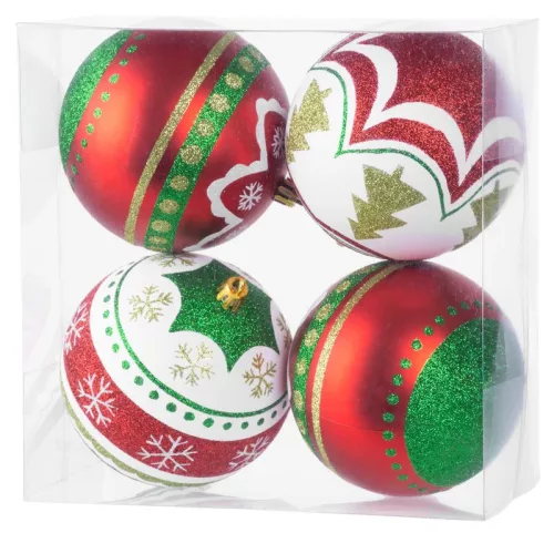 MagicHome, Karácsonyi Gömbök, 4 db, piros - zöld, ornamentikával, 10 cm