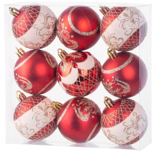 MagicHome, Karácsonyi Gömbök, 9 db, piros ornamentikával, 6 cm