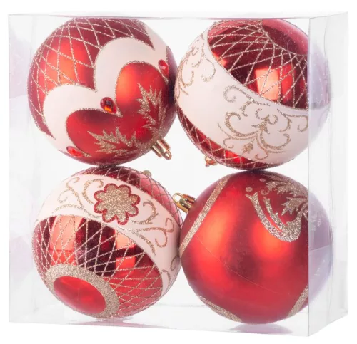 MagicHome, Karácsonyi Gömbök, 4 db, piros, ornamentikával, 10 cm