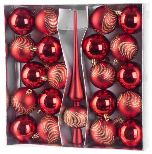 MagicHome, Karácsonyi gömbkészlet, 21 db, 6 cm, piros, csúcs