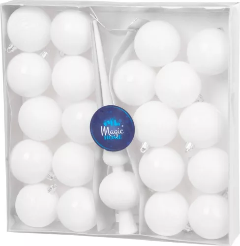 MagicHome, Karácsonyi gömbkészlet, 21 db, 6 cm, fehér, csúcs