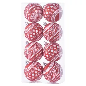   MagicHome, Karácsonyi gömbök, 8 db, 6 cm, piros fehér ornamentikával, csillámokkal