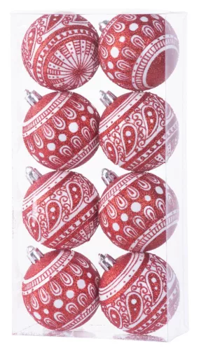 MagicHome, Karácsonyi gömbök, 8 db, 6 cm, piros fehér ornamentikával, csillámokkal
