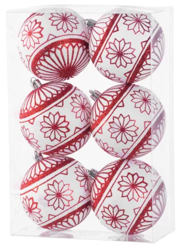 MagicHome, Karácsonyi gömbök, 6 db, 8 cm, piros - fehér, csillámokkal
