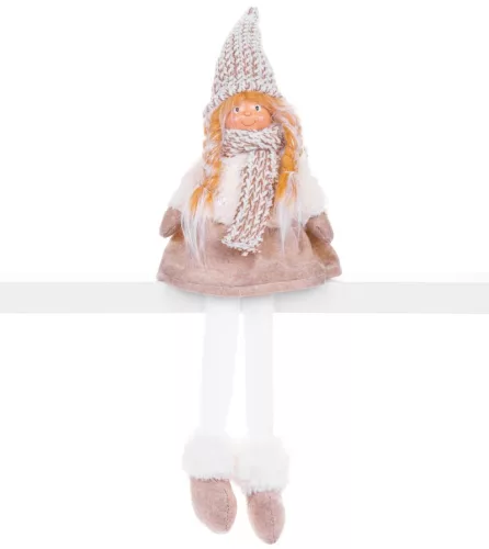 MagicHome, Karácsonyi figura, Kislány magas kalappal, szövet, barna-fehér, ülő, 17x12x54 cm