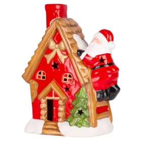   MagicHome, Karácsonyi dekoráció, házikó Mikulással a tetőn, LED, terrakotta, 2xAAA, 27x13x34 cm