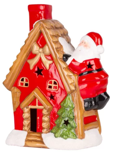 MagicHome, Karácsonyi dekoráció, házikó Mikulással a tetőn, LED, terrakotta, 2xAAA, 27x13x34 cm