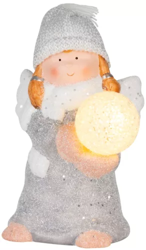 MagicHome, karácsonyi figura, angyal hógömbbel, LED, terrakotta, 13,5x13x20 cm
