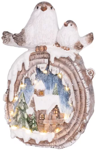 MagicHome, karácsonyi dísz, Madarak házikókkal, LED, kerámia, 3xAAA, 33,3x16,5x47 cm
