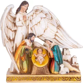   MagicHome, Karácsonyi dekoráció, Szent Család angyalszárnyak alatt, polirezin, 21,5 cm
