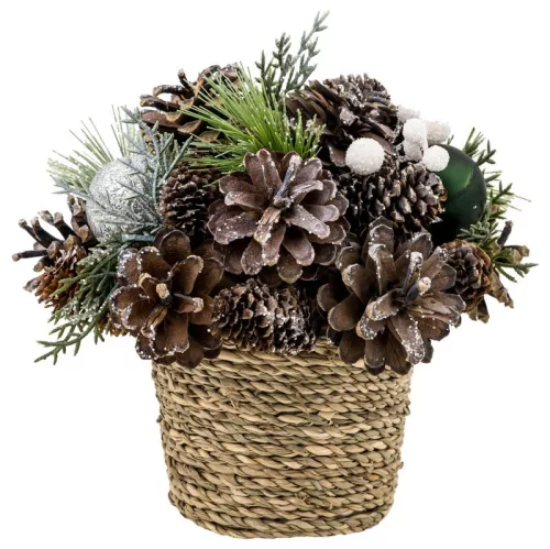 MagicHome Karácsony, Ikebana, természetes, zöld gömbökkel, 19x19 cm