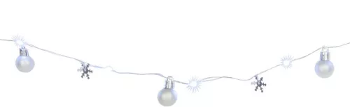 MagicHome, Karácsonyi füzér, 20x hideg fehér LED, gömbökkel és hópelyhekkel, ezüst, 2xAA