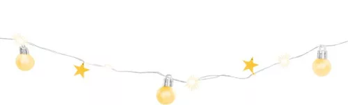 MagicHome, Karácsonyi füzér, 20x meleg fehér LED, gömbökkel és csillagokkal, arany, 2xAA