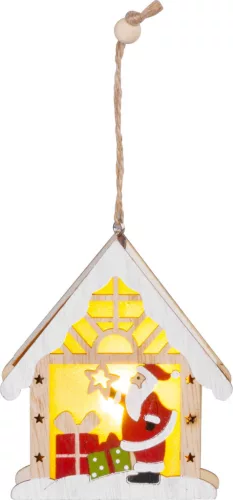 MagicHome, Karácsonyi dekoráció, Mikulás házikóban, LED, függő, 9x3x10,4 cm