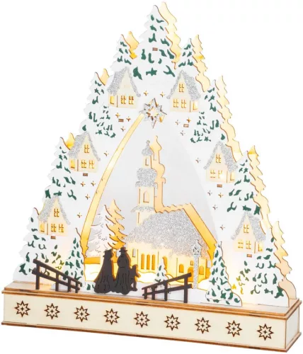 MagicHome, Karácsonyi dekoráció, falu templommal, LED, 30x7x33,5 cm, 2x AAA