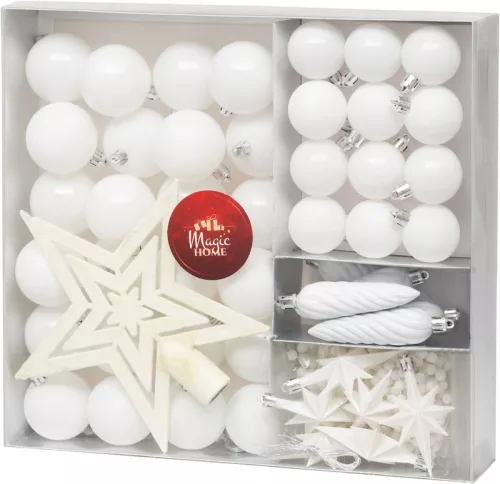 MagicHome, Karácsonyi gömbkészlet, 50 db, 4-5 cm, fehér, csillag, girland, toboz