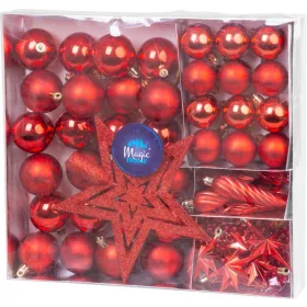   MagicHome, Karácsonyi gömbkészlet, 50 db, 4-5 cm, piros, csillag, girland, toboz