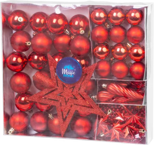 MagicHome, Karácsonyi gömbkészlet, 50 db, 4-5 cm, piros, csillag, girland, toboz