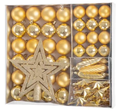 MagicHome, Karácsonyi gömbkészlet, 50 db, 4-5 cm, arany, csillag, girland, toboz