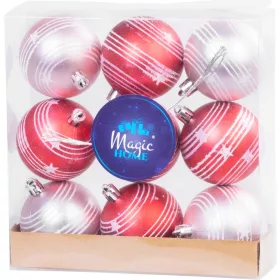   MagicHome, Karácsonyi gömbök, 9 db, piros-rózsaszín, matt, dekorációval, 6 cm