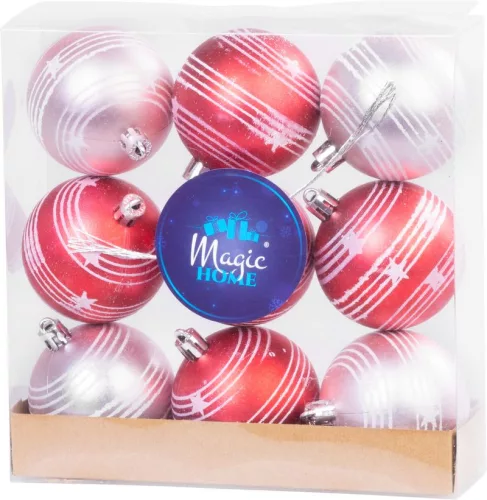 MagicHome, Karácsonyi gömbök, 9 db, piros-rózsaszín, matt, dekorációval, 6 cm
