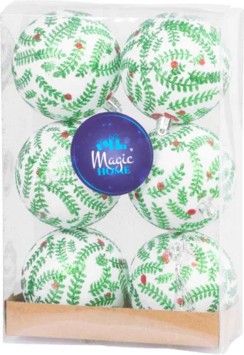 MagicHome, Karácsonyi gömbök, 6 db, fehér csillogó ornamentikával, csillámokkal, matt