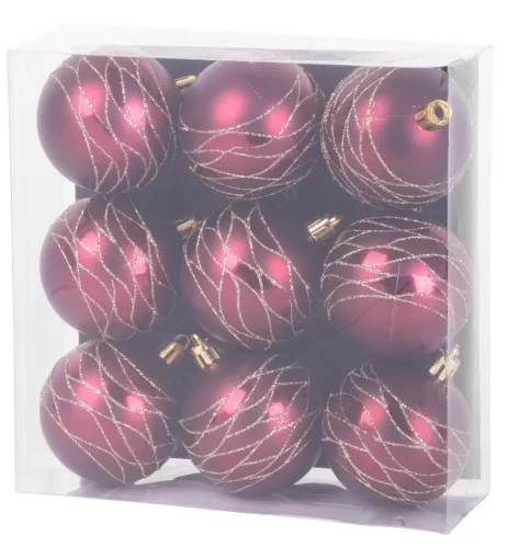 MagicHome, Karácsonyi gömbök, 9 db, bordó, matt, dekorációval, 6 cm