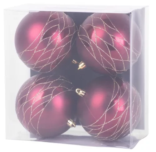 MagicHome, Karácsonyi gömbök, 4 db, bordó, matt, dekorációval, 10 cm