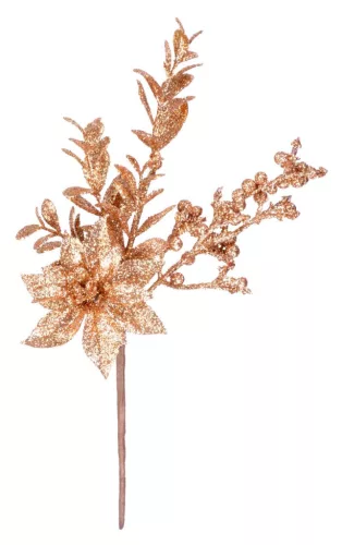 MagicHome, Karácsonyi ág, mikulásvirággal és bogyókkal, arany, 24 cm