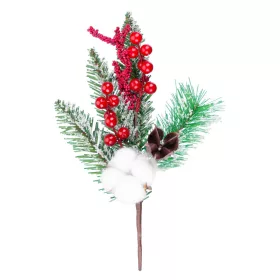   MagicHome, Karácsonyi ág, pamuttal és bogyókkal, piros, 30 cm