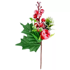   MagicHome, Karácsonyi ág, bogyókkal és almával, piros, fagyhatású, 22 cm