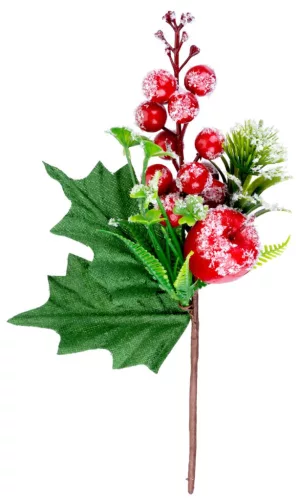 MagicHome, Karácsonyi ág, bogyókkal és almával, piros, fagyhatású, 22 cm