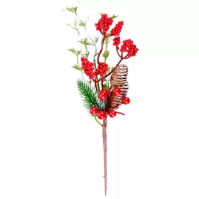   MagicHome, Karácsonyi ág, bogyókkal és tobozokkal, piros, havas, 27 cm