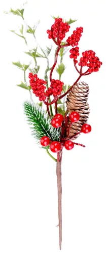 MagicHome, Karácsonyi ág, bogyókkal és tobozokkal, piros, havas, 27 cm