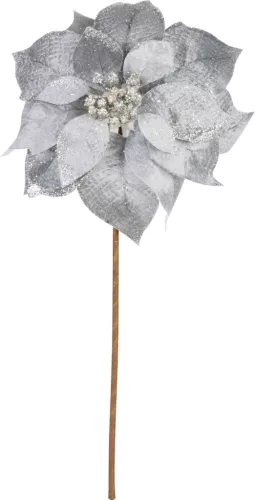 MagicHome, Karácsonyi Mikulásvirág, ezüst, szár: 38 cm, virágméret: 24 cm