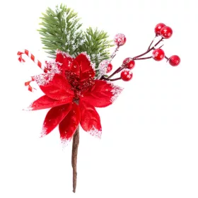   MagicHome, Karácsonyi ág, virággal és bogyókkal, havas, 20 cm