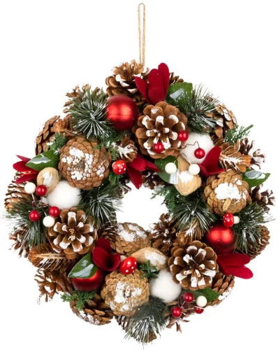 MagicHome, karácsonyi Koszorú, függő, természetes, fenyőágakkal és légyölő galócákkal, 30 cm