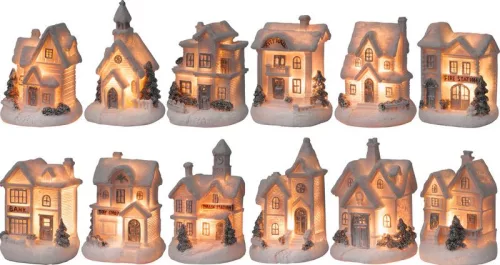 MagicHome, Karácsonyi dekoráció, házikó, LED, beltéri, 7x6x10 cm, 12 db