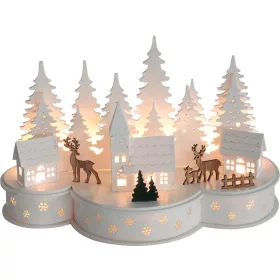   MagicHome, Karácsonyi dekoráció, falu szarvasokkal, 10 LED meleg fehér, 2xAA, 30x14x19,5 cm