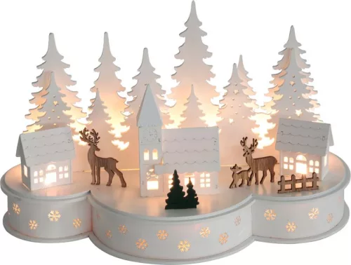 MagicHome, Karácsonyi dekoráció, falu szarvasokkal, 10 LED meleg fehér, 2xAA, 30x14x19,5 cm
