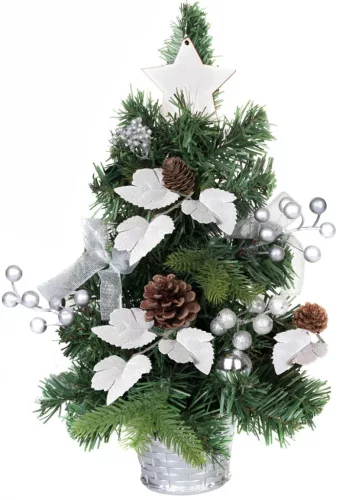 MagicHome Karácsonyi, díszített Karácsonyfa, ezüst, levelekkel, 40 cm