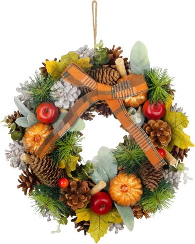 MagicHome Nature, függő koszorú, őszi, narancssárga, masnival, 30 cm
