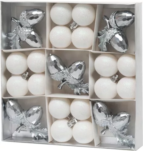 MagicHome, Karácsonyi gömbkészlet, 21 db, fehér-ezüst, vegyes