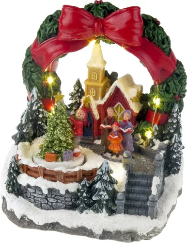 Dekoráció MagicHome Karácsony, Templom koszorúban, LED, 3xAA, 15,5x12x17,2 cm