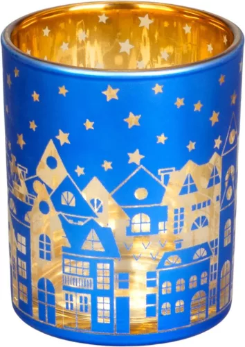 Gyertyatartó MagicHome Karácsony, pohárka, kék, fenyőfa, 6x7 cm