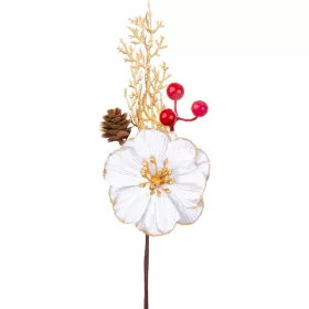 Ág MagicHome Vianoce, fehér mák tobozzal, 22 cm