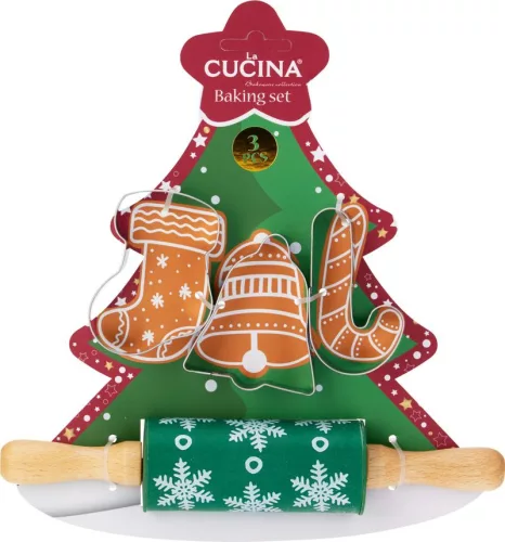 Karácsonyi sütőkészlet CUCINA, sodrófa + 3 kiszúró