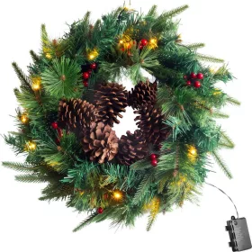   Koszorú MagicHome Karácsony, tobozokkal, 20xLED meleg fehér, IP20, 3xAA, 45 cm
