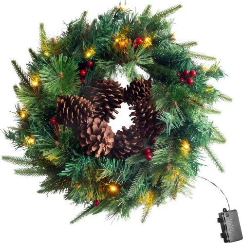 Koszorú MagicHome Karácsony, tobozokkal, 20xLED meleg fehér, IP20, 3xAA, 45 cm